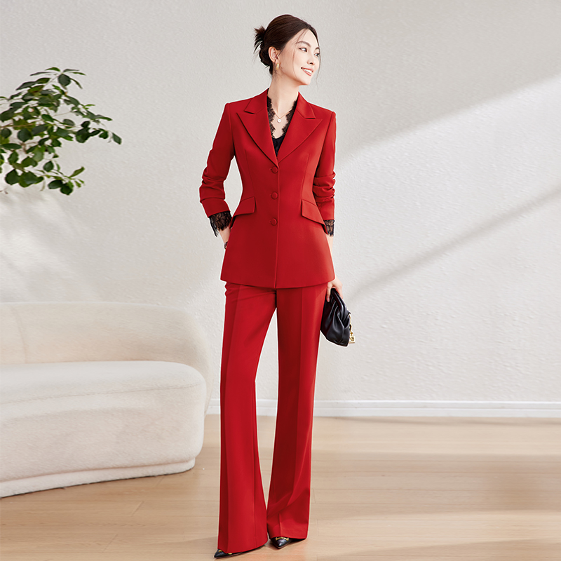 Red blazer + bell-bottom pants