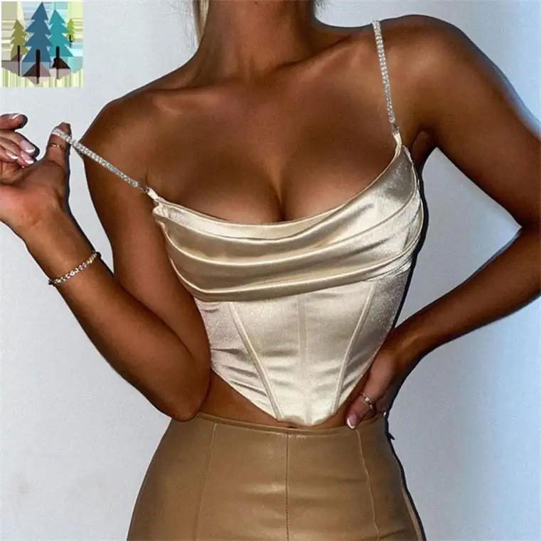 Style Vintage cristal recadrée Bustier Cami haut empilé Satin entièrement doublé Polyester Sexy tenue de club tenues Corset hauts femmes