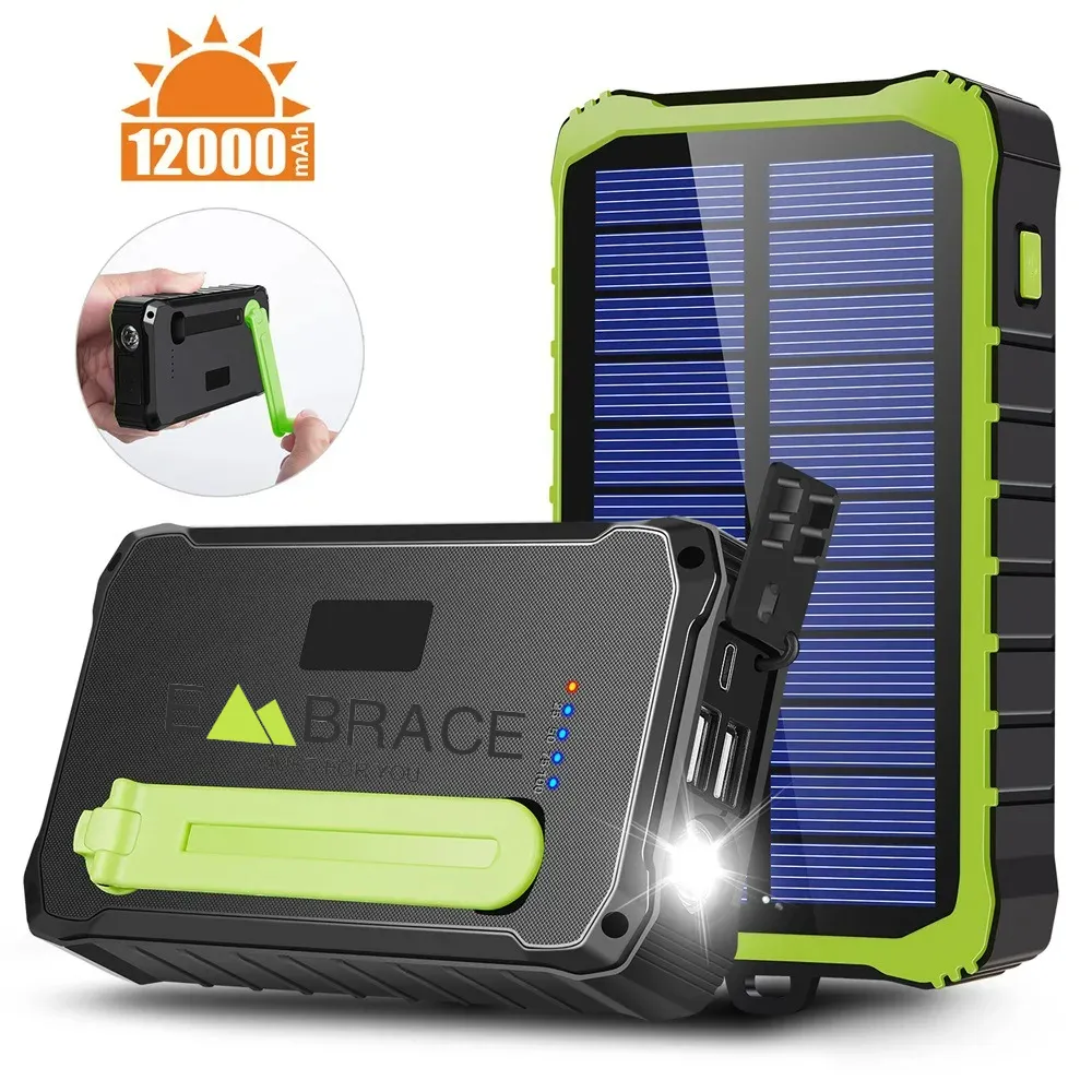 Abrace o Banco De Energia Solar 12000MAh Banco De Potência De Emergência Ao Ar Livre LED Iluminação Bateria Do Telefone Móvel Carregador Auxiliar Externo