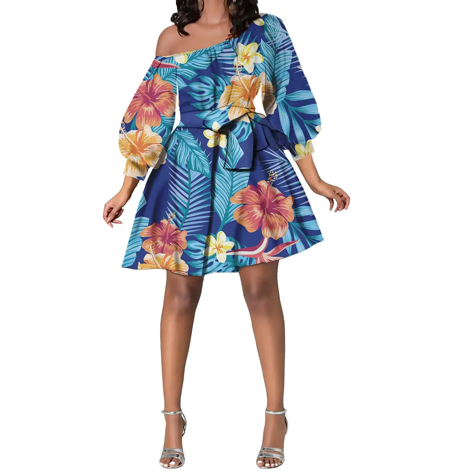 Vestido de flores de hibisco Tropical de Estilo Hawaiano para mujer, ropa de envío directo, vestido de cuello con correa Sexy, minivestidos de noche para fiesta