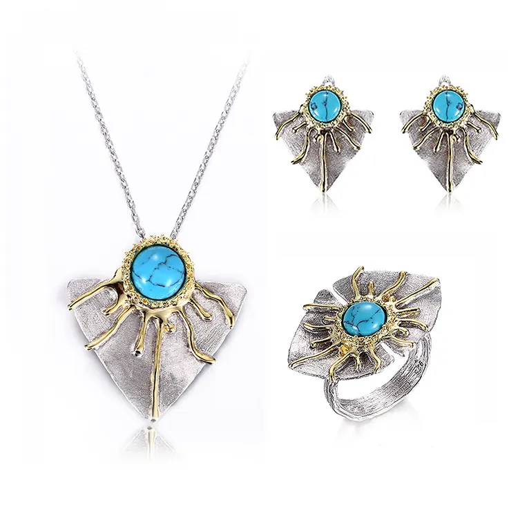Nuovo prodotto set di gioielli in argento Sterling 925 con pietra turchese blu sintetica con placcatura in oro giallo