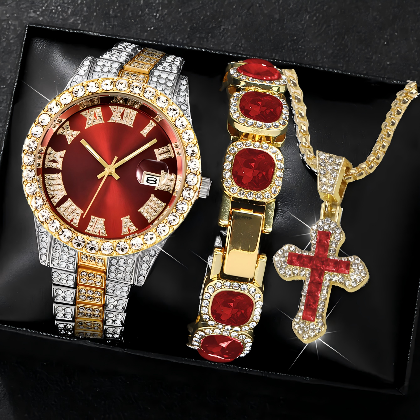 Silver gold red watch + gold red 2pcs set
