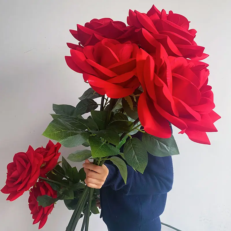 Rosas artificiales de terciopelo rojo, decoración de boda, tamaño grande, 28cm de ancho