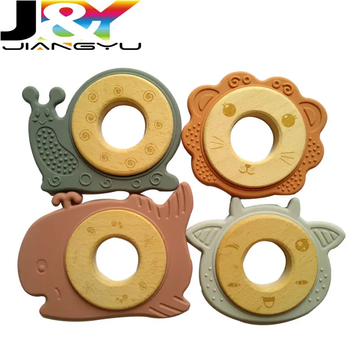 Anneau de dentition en silicone animal sans BPA avec anneau en bois Apaiser les gencives des bébés Jouets de dentition pour bébé