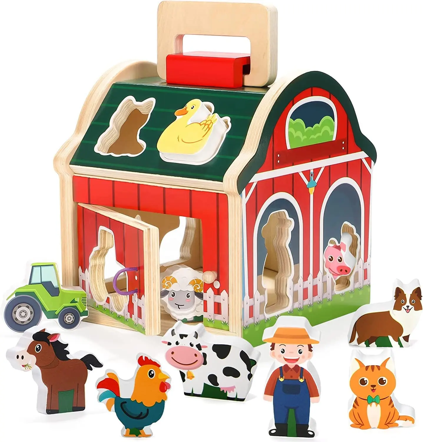 Mainan penyortir bentuk hewan pertanian kayu, penyortiran mainan gudang kayu dengan atap dan pegangan, mainan belajar Montessori