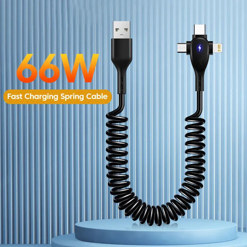 Eonline 3 ב 1 66W 6A מהיר טעינת USB סוג C כבל 3A מיקרו USB אביב רכב עבור IPH xiaomi סמסונג Realme טלפון מטען כבל