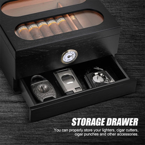 Cigar <strong>Humidor</strong> with Front Hygrometer, Humidifier and Accessory Drawers-Tempered Glass Top Cigar <strong>Humidor</strong> Box - Spanish Cedar - Product Image 3