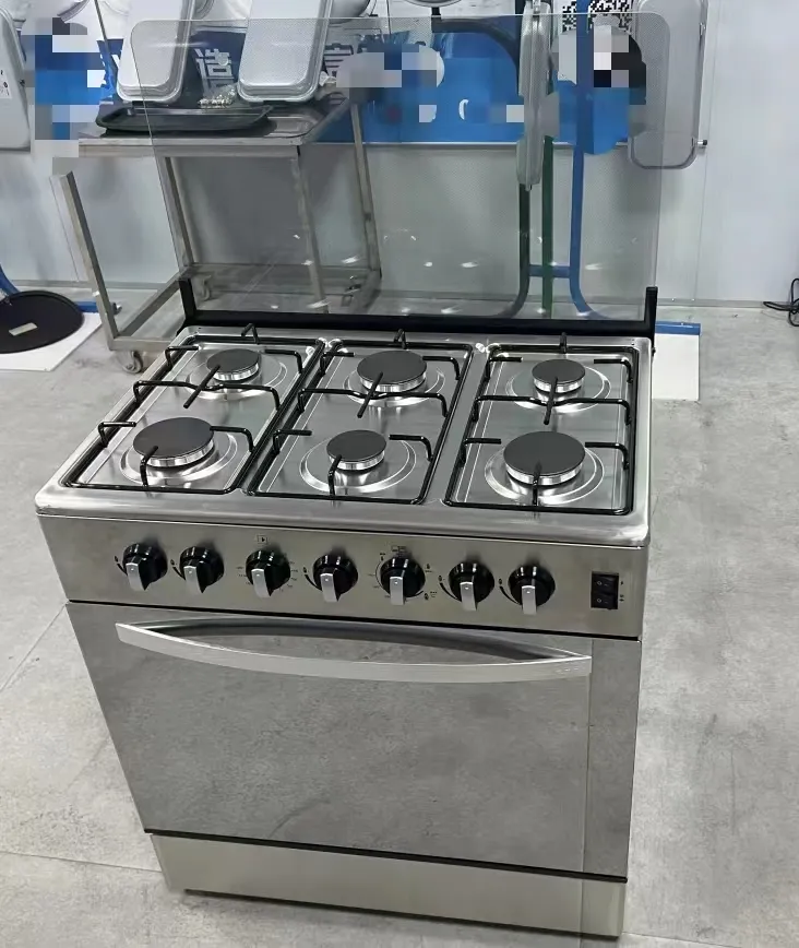 Gas stove with oven, vertical connected, 6 burners, gas fired oven with 120L automatic ignition, up and down