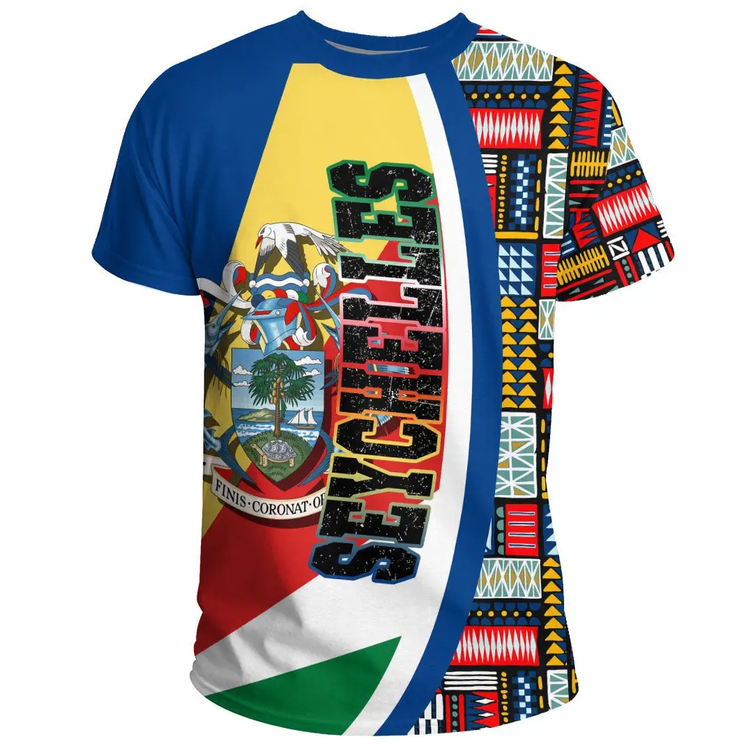 African Men Gym T Shirts Seychelles Flag And Kente Pattern Drop Shoulder T-Shirts Men High Quality Print On Demand T-Shirt