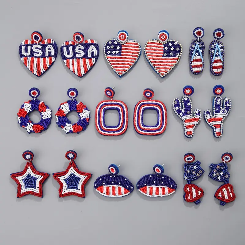 Boucles d'oreilles en perles de rocaille pour femmes 4th july Boucles d'oreilles Heart Star Memorial Independence Day Holiday Patriotic American Flag Jewelry