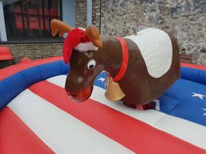 Inflatable Bull Riding Machine Rodeo Reindeer Round Rodeo Bed with Santa Feature Back Wall and Engaging <strong>Rudolf</strong> Reindeer Head - Product Image 3