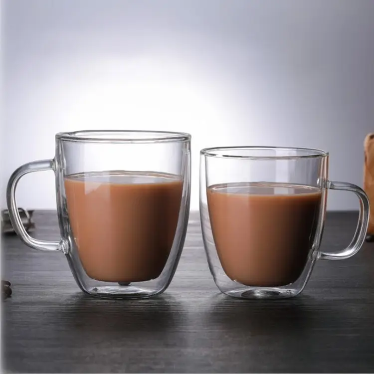 Vente en gros de tasses à thé à haute teneur en borosilicate tasse à café en verre à double paroi avec poignée