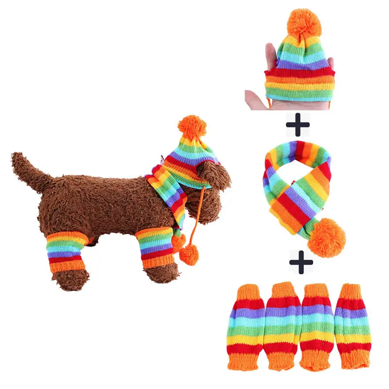 3色ニット犬の帽子スカーフセットソフトレッグウォーマー子犬服冬の暖かい犬の服小型犬用XS-L