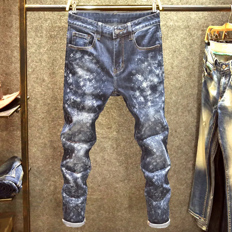Pantalones vaqueros azules de alta calidad hechos al por mayor personalizados, pantalones vaqueros ajustados rasgados para hombre