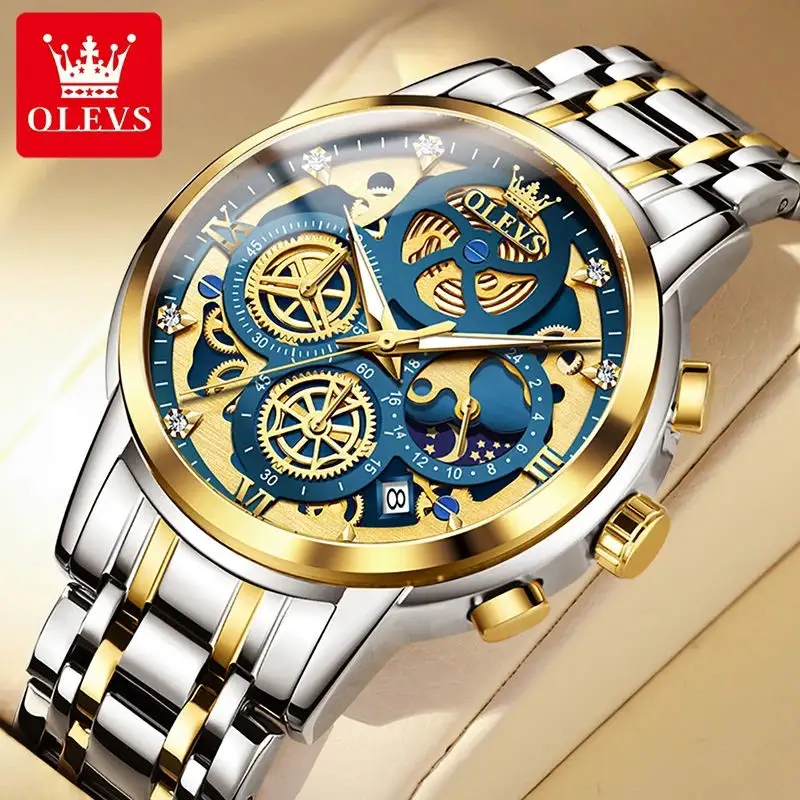 Olevs relógio de pulso masculino, 9947 quartzo esporte pulseira de aço inoxidável à prova d' água complicação vazado relógios para homens cronógrafo