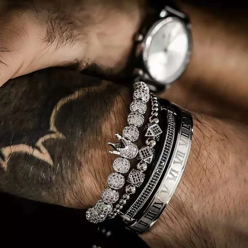 Ensemble de bracelets en acier inoxydable pour hommes, 4 pièces, bijoux de luxe, en or avec motifs gravés, macramé, tressé, CZ