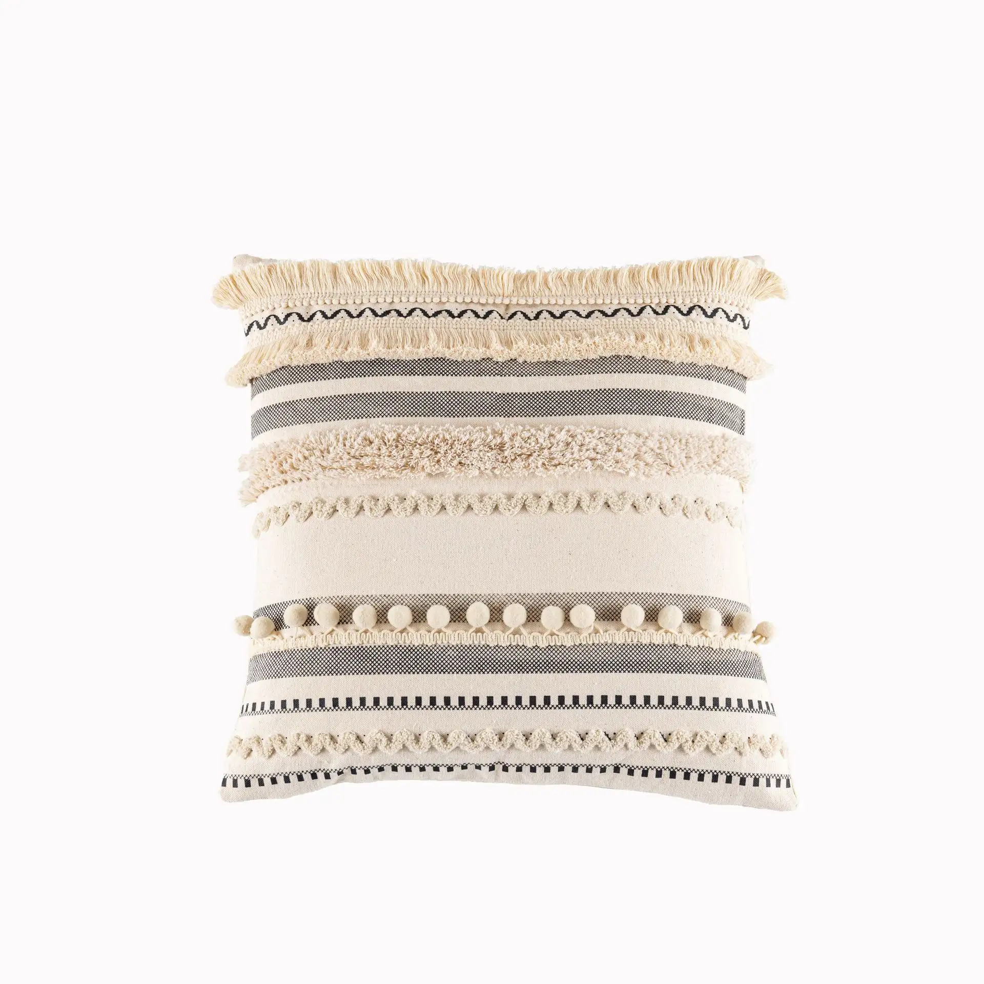 Capa de almofada de renda boêmia para sofá de quarto, capa de algodão 18x18 polegadas cáqui de tecido à mão, capa de almofada de pelúcia marroquina