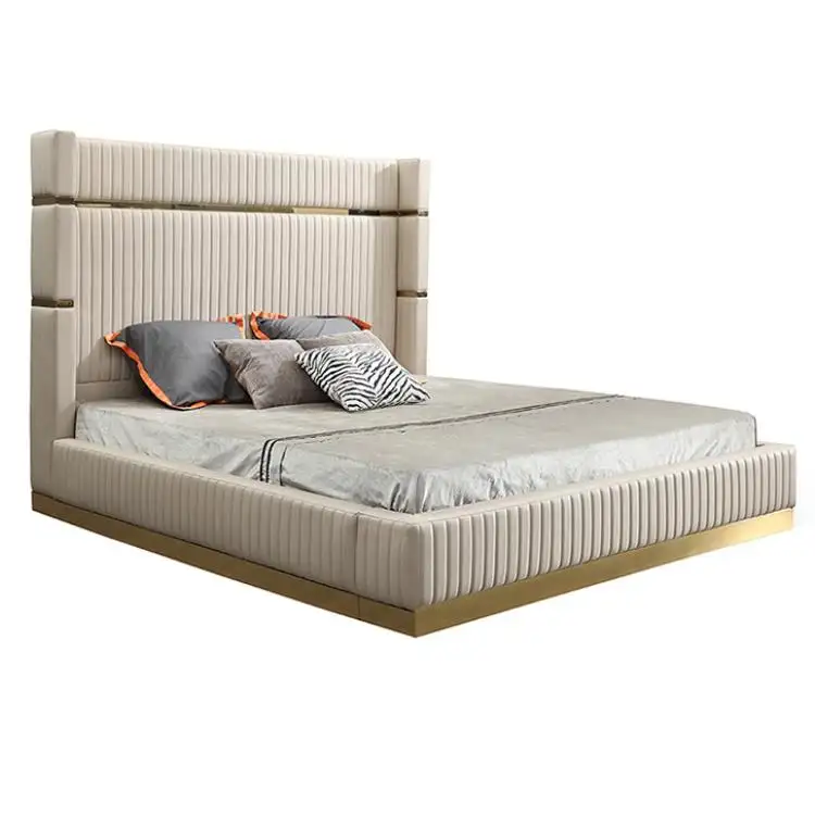 Cama de cuero con marco de madera para dormitorio, mueble de lujo ligero y moderno italiano