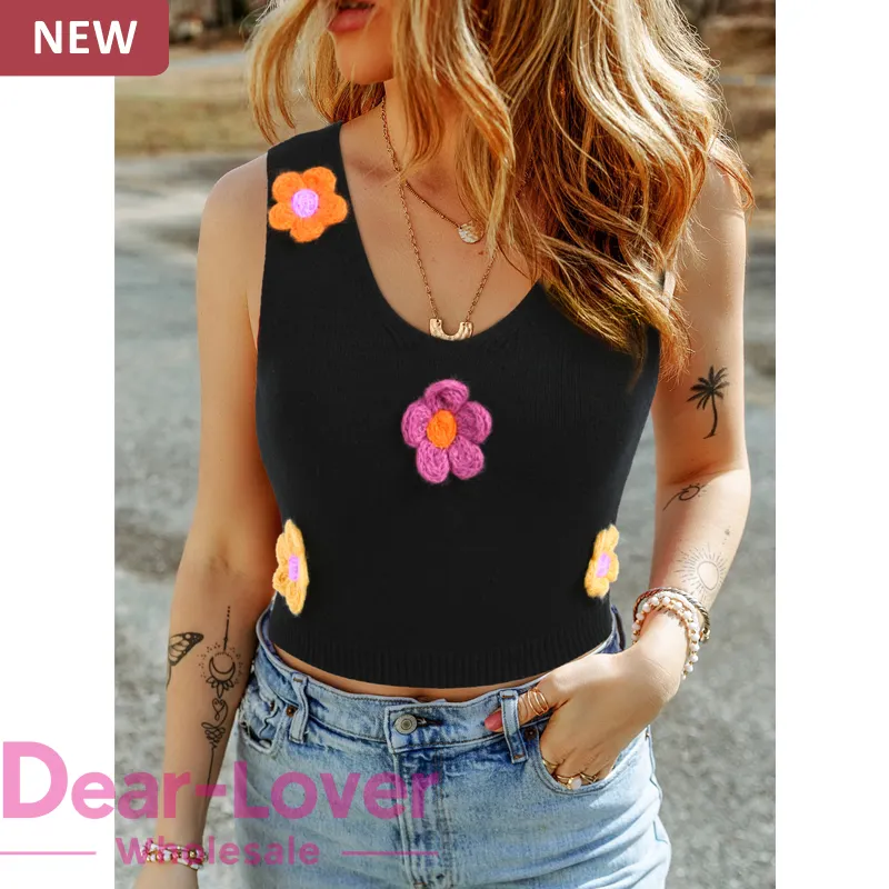 Dear-Lover Wholesale Summer High Quality Fashion New V Neck 3D Flower Decor Cropped Sweater Vest Knitted Tank Tops For Women