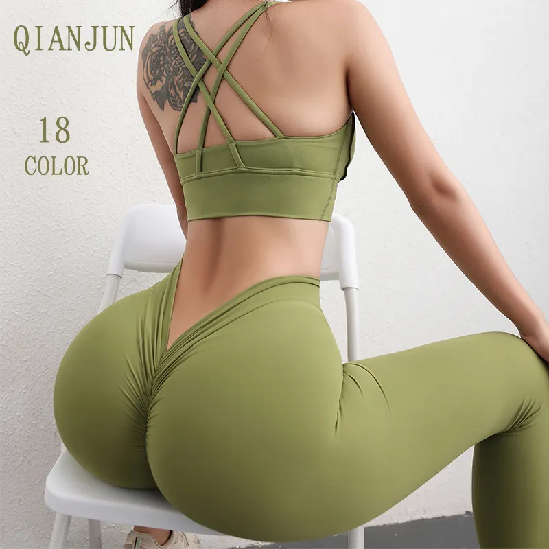 2024 novo treino de ginástica Scrunch Butt sem costura calças esportivas apertadas de nylon cintura alta para ioga crossover leggings nas costas em V