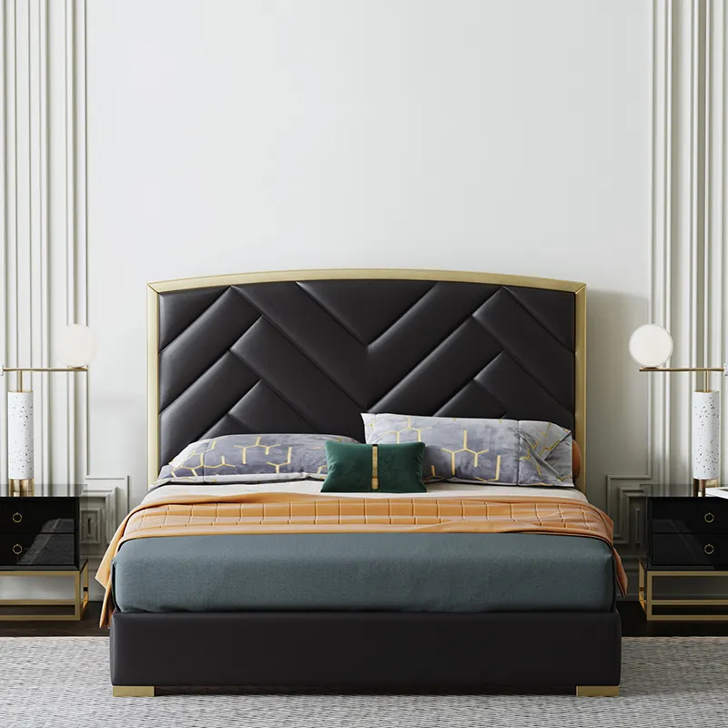 Design personalizado moderno de móveis de luxo quarto conjuntos de metal farol tamanho king cama de couro