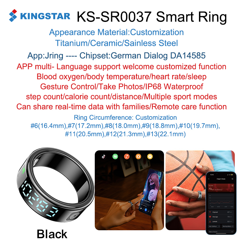 สีดำ KINGSTAR-SR0037-AI สุขภาพ-การนอนหลับ-รีโมทคอนโทรล-แหวนอัจฉริยะ
