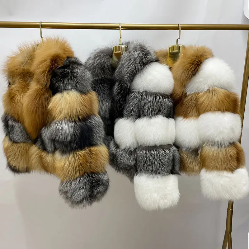 Women's Winter Real Fox Fur Jacket Natural Color Silver Fox And Red Fox Patchwork Color Fur Thickened Warm Fashion New Coat