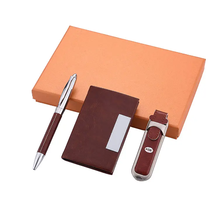مخصص الأزياء بو الجلود اسمه بطاقة حالة قرص USB مفتاح بالبن طقم هدايا العمل مع شعار الشركة