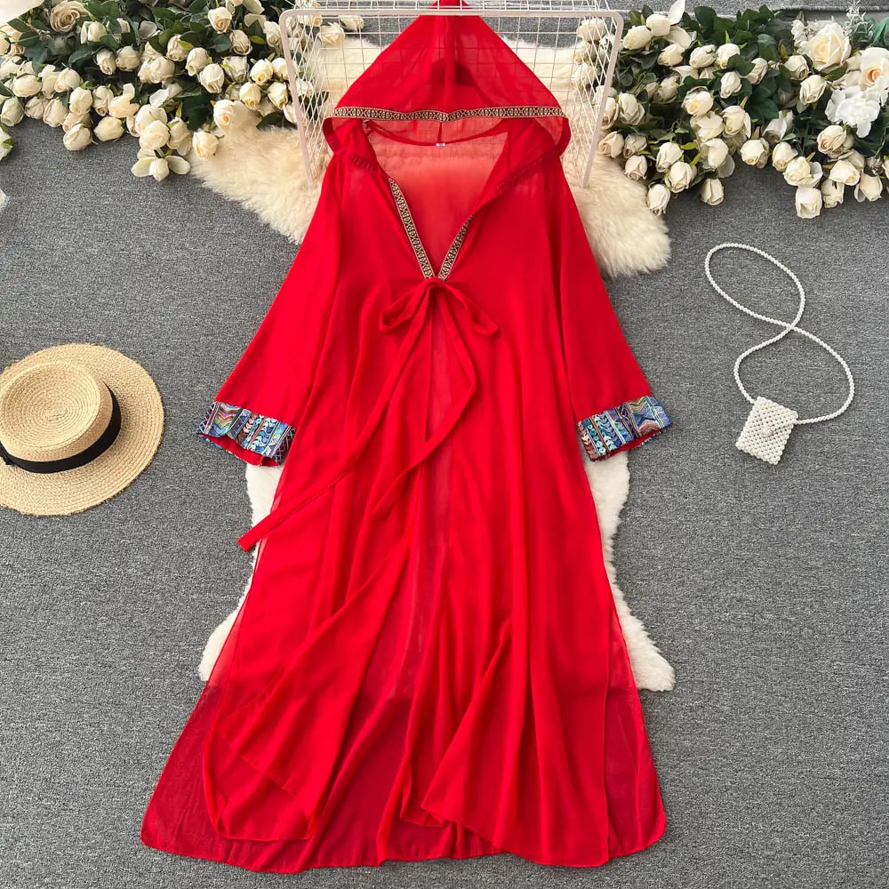 Vestido vermelho feminino, chiffon decote em v com capuz manga comprida cardigan saia solta balanço saia longa estilo marrocos