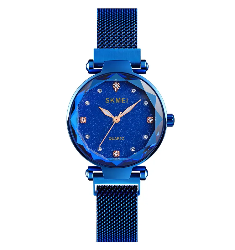 Azul del reloj SKMEI Q022 cielo estrellado cielo dial diseño elegante correa de malla de acero inoxidable señoras reloj de cuarzo impermeable Japón movt reloj de moda