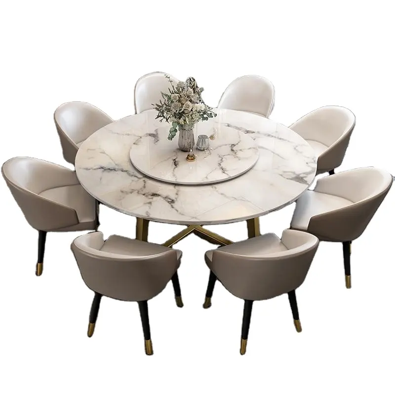 Table à manger ronde rotative de luxe moderne en marbre blanc, Table à manger en marbre blanc