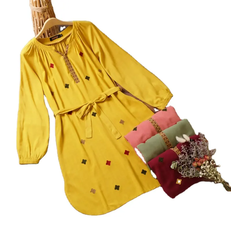 Vestido bordado de color liso con cuello en V para mujer, cinturón de estilo bohemio, Cuadrado y pequeño