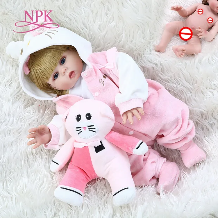 48CM de cuerpo completo de silicona suave bebe muñeca de bebé en rosa gatito vestido realista flexible muñeca bebé