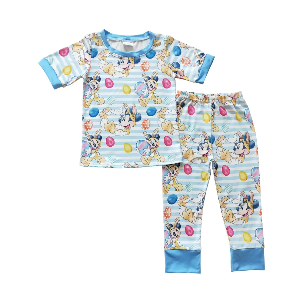 Pijamas de manga corta con dibujos animados para niños y bebés, pantalones de malla con rayas azules, ropa para niños