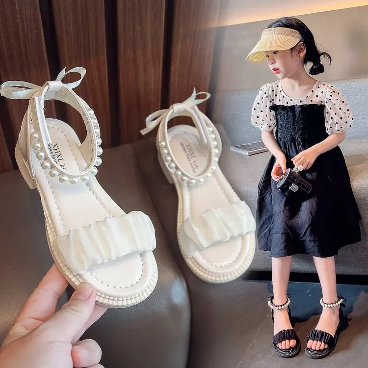 2023 estate nuovo stile fata medio e grande bambini fondo morbido moda perla principessa scarpe papillon ragazze sandali