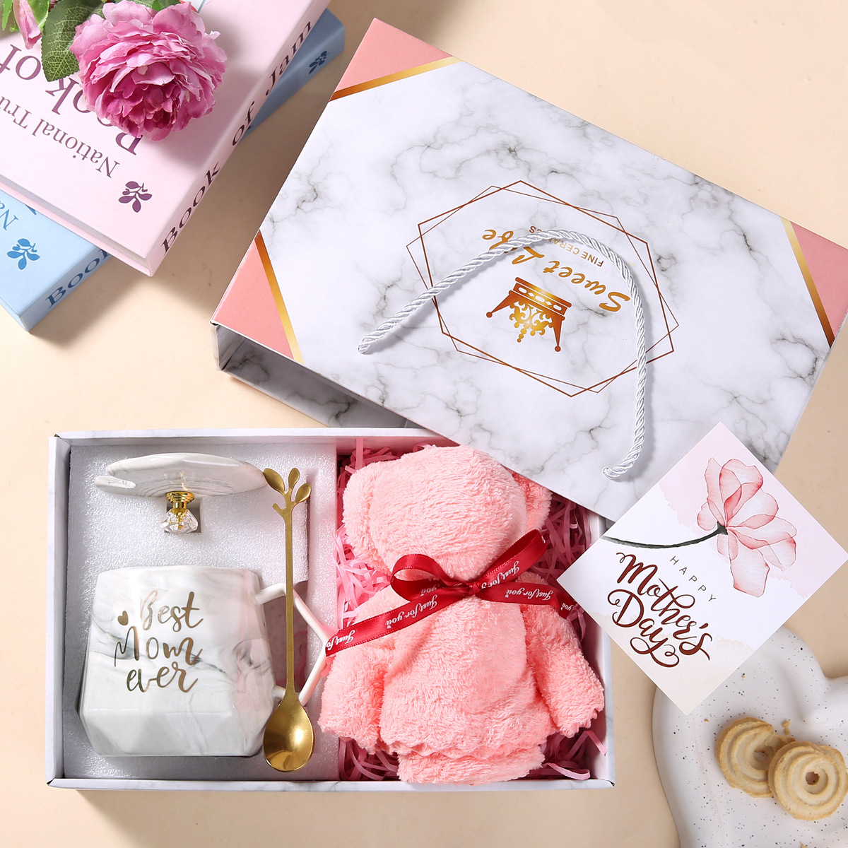 Couvercle de tasse, cuillère, serviette, ours, boîte cadeau, envoyer la pierre mère gris