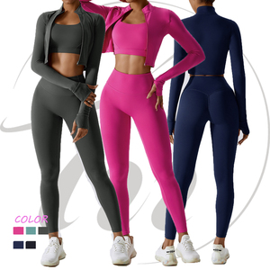 OEM egzersiz kıyafetleri 3 parça açık spor <span class=keywords><strong>s</strong></span>ıkı Yoga Yop ceket yüksek bel şort spor Yoga setleri