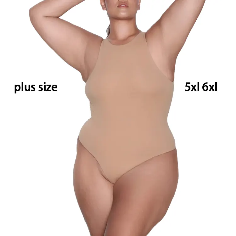 بدلة جسم ثونغ للبيع بالجملة مقاس كبير 5xl 6xl بأزرار ضغط بدون أكمام بطبقتين رقبة مستديرة بذلات جسم للنساء