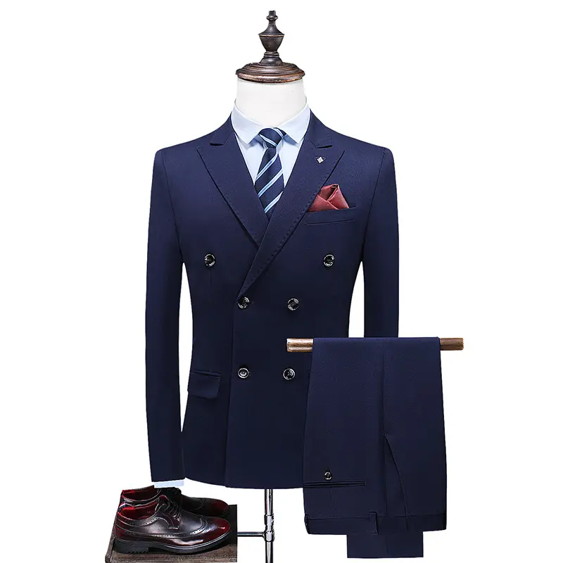 Doble botonadura azul marino traje Set 3pcs Masculino mejor hombre Slim Fit Oficina traje Casual para hombre (chaqueta + chaleco + pantalón)