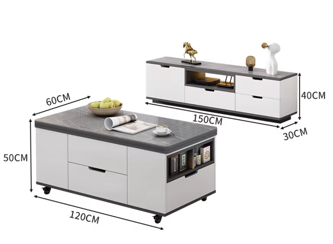 Ensemble TV 120+150 - Gris Foncé - Verre Gris Ammani - 2 Tabourets