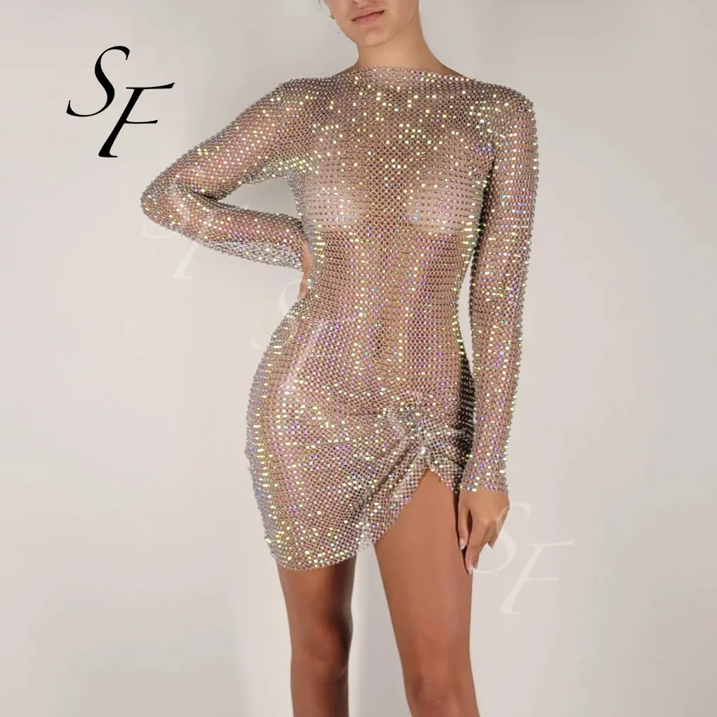 Vestido corto personalizado de verano, con cristales cosidos a mano, malla elástica de diamantes de imitación, manga larga, abertura alta