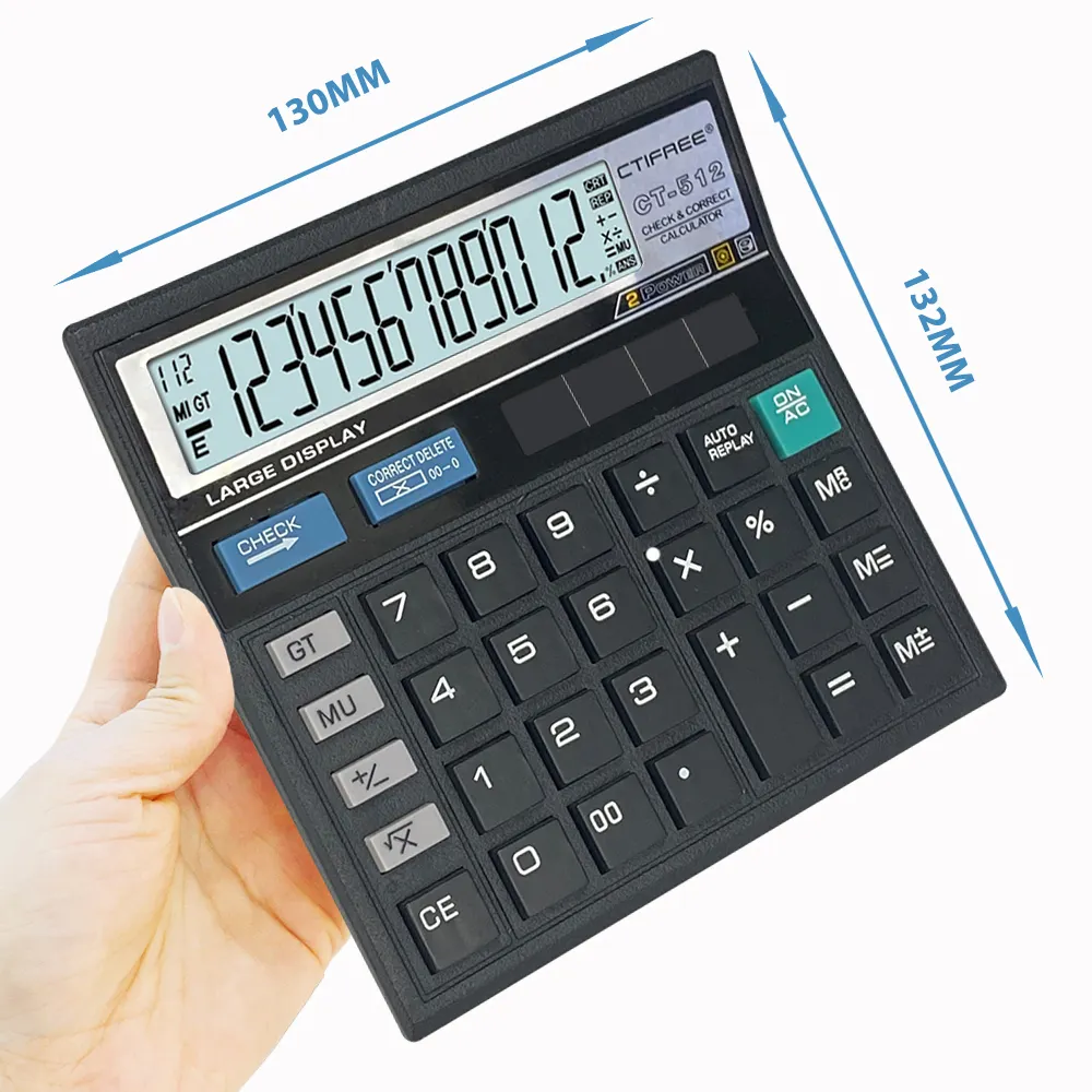 Calculadora de escritorio, calculadoras de escritorio, pantalla LCD de 12 dígitos, botón sensible, batería Solar, calculadora de oficina de doble potencia, negro