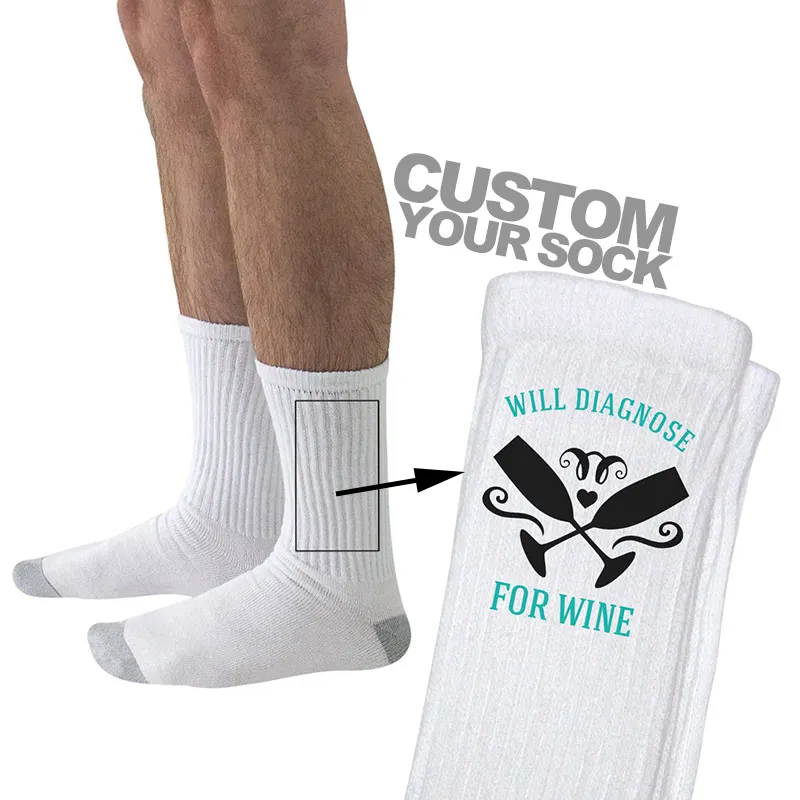 Oem color sólido blanco calcetines personalizados por sublimación de impresión personalizada cercanas impreso calcetines con logotipo impreso personalizado
