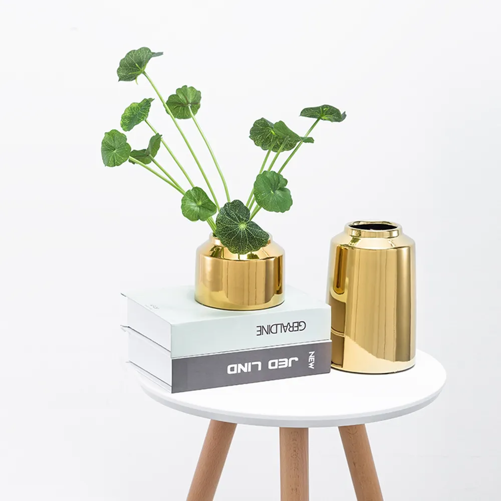 Brass Gold Brushed Ceramic Vase Nordic Home Living Room Decoration Dried Flower Pen Holder Display Plant Stand Modern Flower Pot