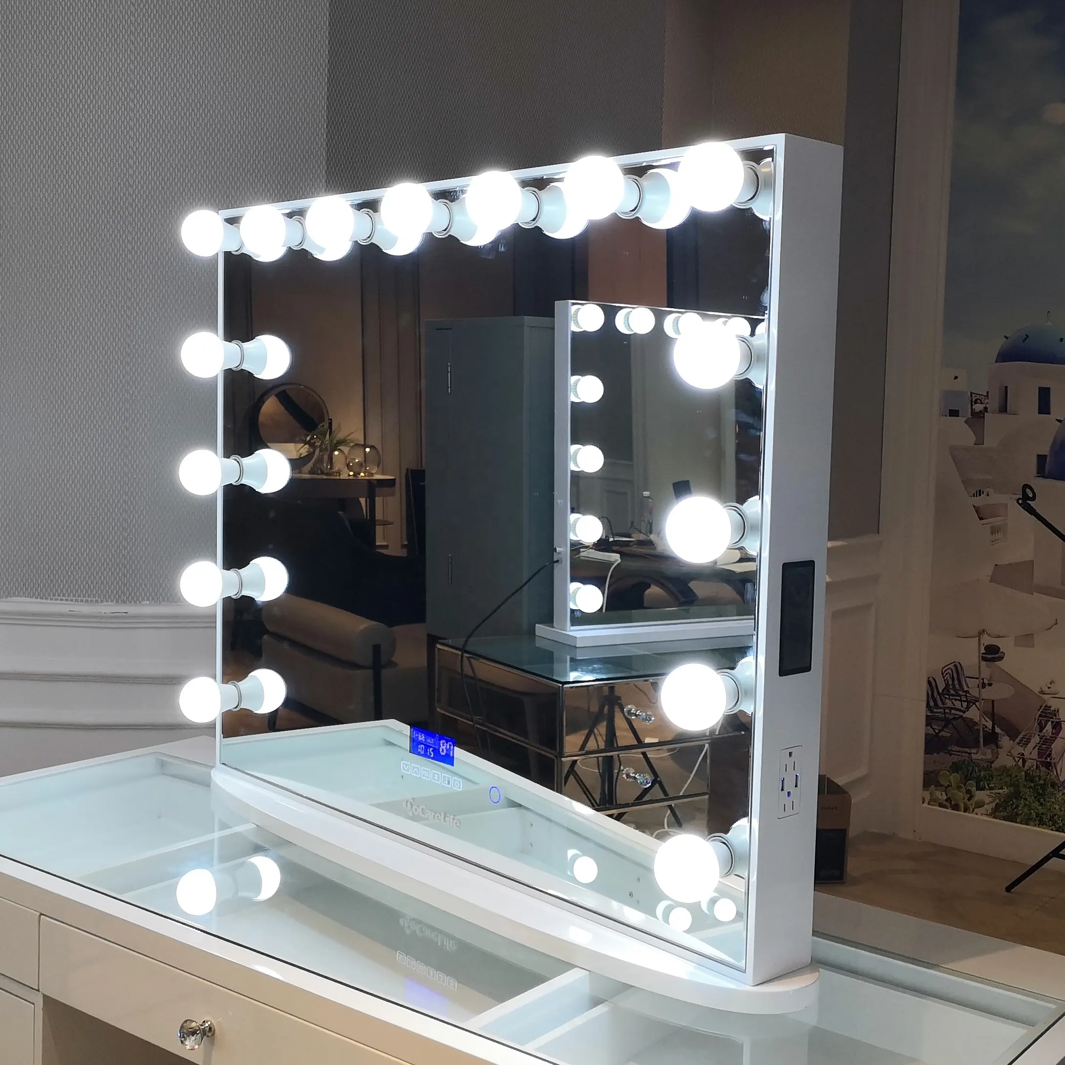 ¡Escritorio iluminado Hollywood Vanity Makeup Mirror Stock en nosotros! Docarelife Salón de madera Tecnología China Venta al por mayor Espejo Maquillaje Coche