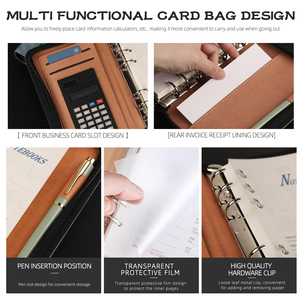Planificador multifuncional A6 personalizable, tapa dura de cuero PU, encuadernación de hojas sueltas con ranura para tarjeta, calculadora, bolsa de diario con cremallera