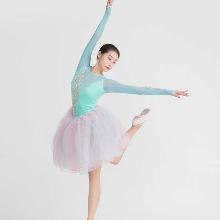 Blue Green Velvet Latin Dress Stretch Mesh Ballet Dance Wear Lyrical Shiny Rhinestone Embroidery Stage Performance Dance Costume