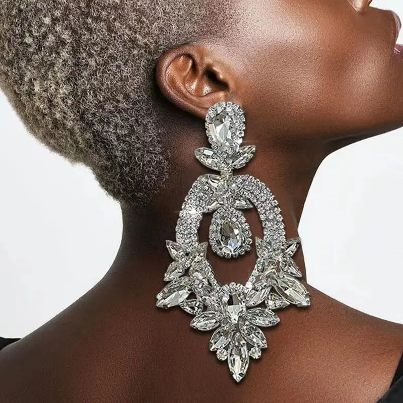 Boucles d'oreilles de luxe en diamant brillant de haute qualité, longues en cristal clair plaqué or pour la mariée