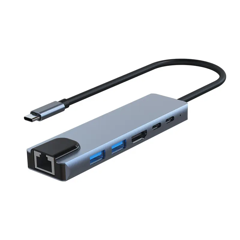 6-in-1-Typ-C-Netzwerk-Hub-Dockingstation mit 100-Mbit/s-Netzwerk anschluss Typ C zu HDMI-Adapter mit SD-TF-Kartenleser adapter