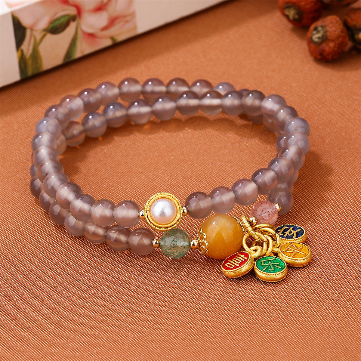 Natural grey agate hand bracelet ping an happy two-circle